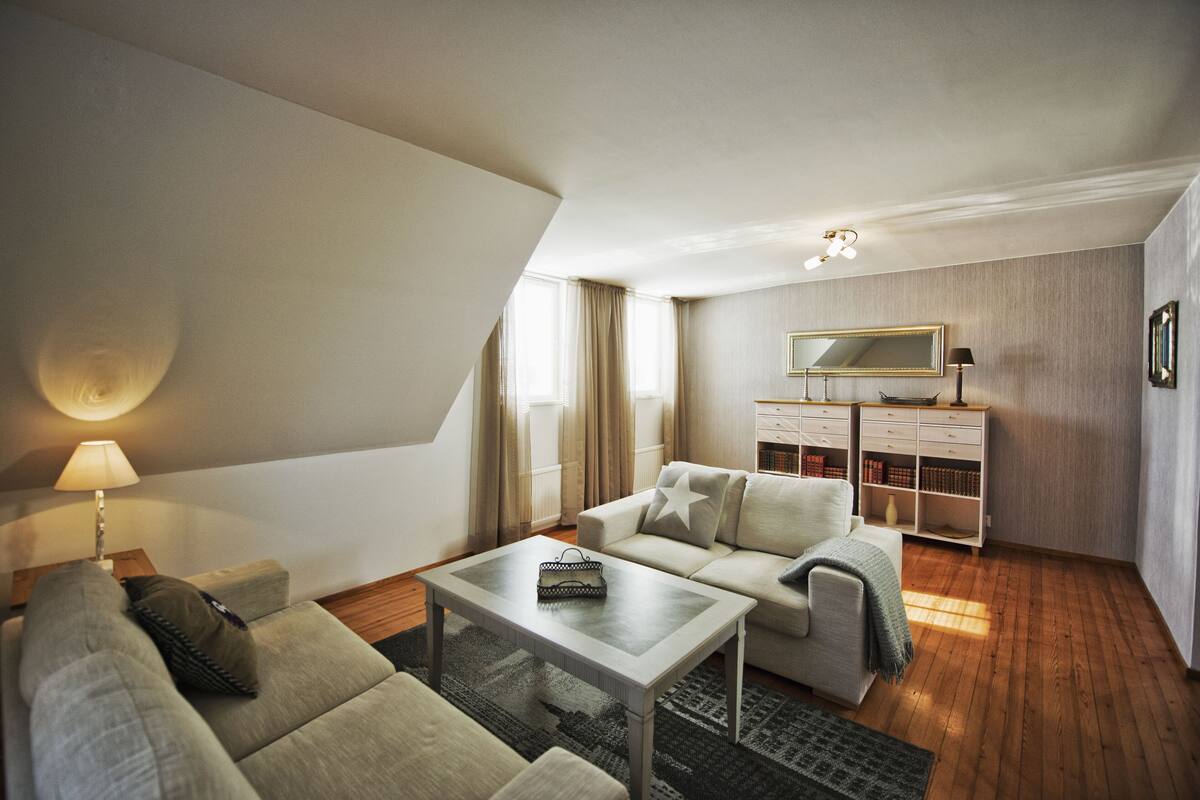 Een moderne woonkamer met een bank, een salontafel en een tv-meubel.