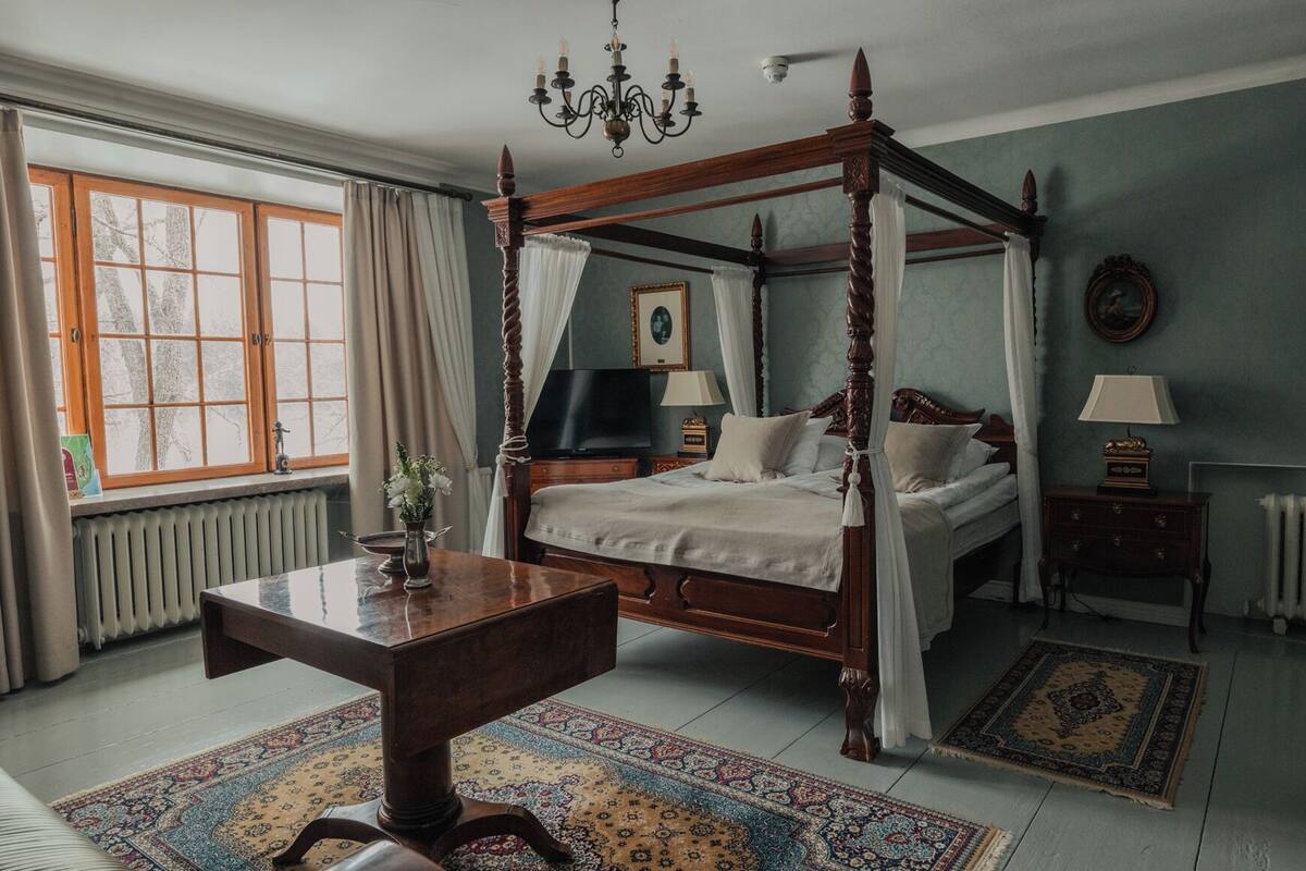 Een kamer met een hemelbed, een kroonluchter, een televisie en een radiator, met een groot raam en een kamerbreed tapijt met dessin.