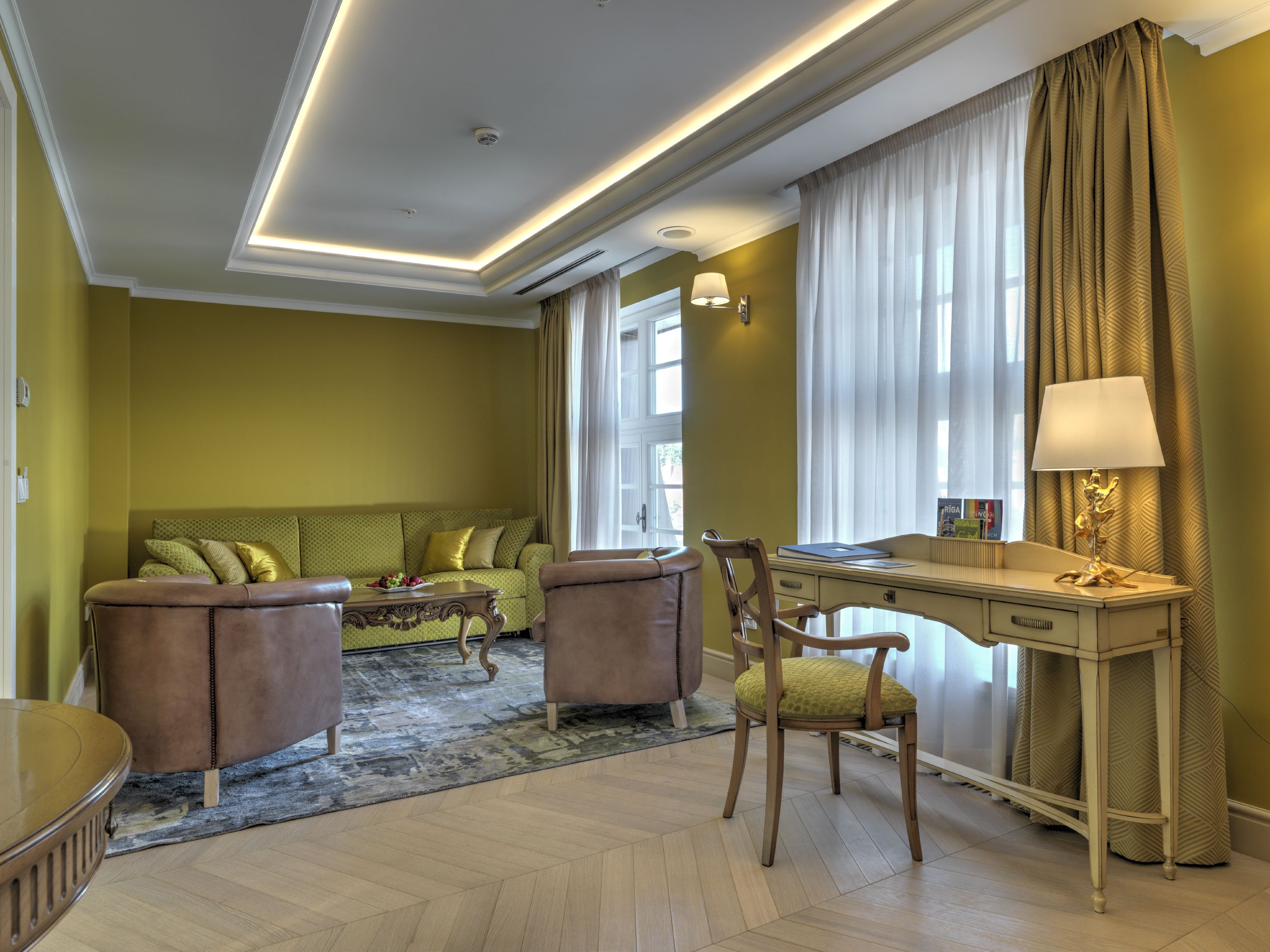 luxury suite, 1 queen bed and 1 sofa, city view | living area | flat-screen tv