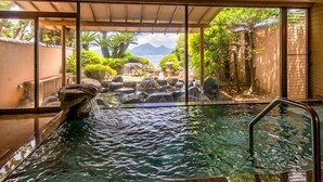Una piscina interior con vistas a un paisaje natural, que incluye rocas, plantas y una montaña.