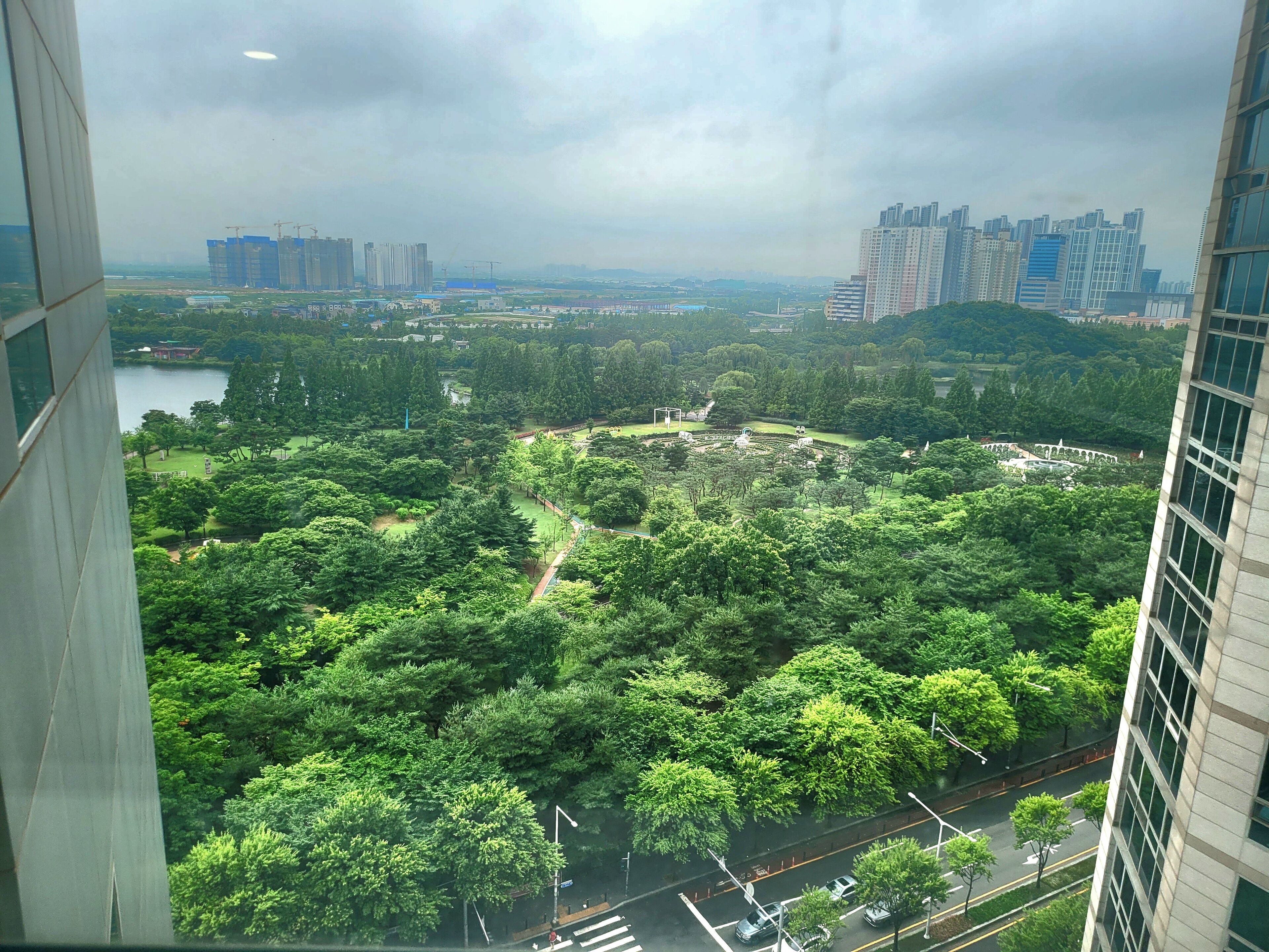 A view of a cityscape with a park in the foreground and high-rise buildings in the background.