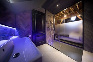 Appartement Penthouse exclusif, 2 chambres, vue sur la ville | Salle de bain | Douche, douche cascade, articles de toilette griffés, séchoir à cheveux