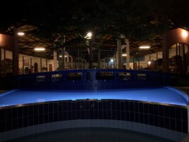 A swimming pool with a blue tiled edge, surrounded by a covered area with a high ceiling and structural beams.