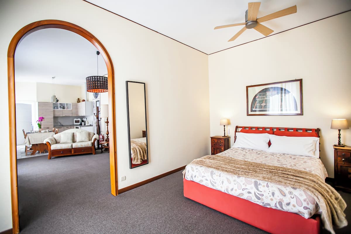 A bedroom with a large bed, a wooden headboard, a ceiling fan, a mirror, and a view into the kitchen area.
