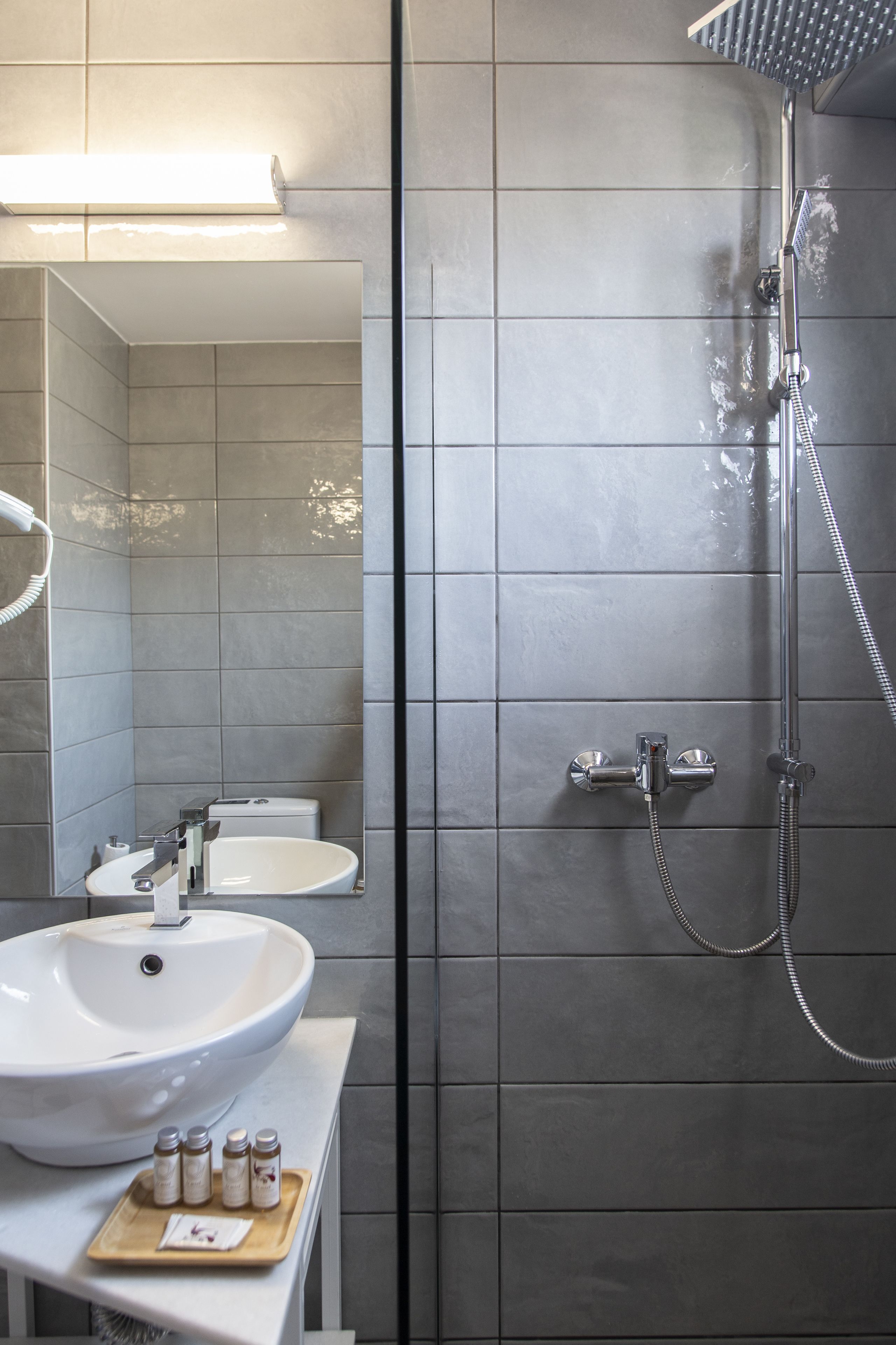 A modern bathroom with a white sink, a handheld showerhead, and a mirror.
