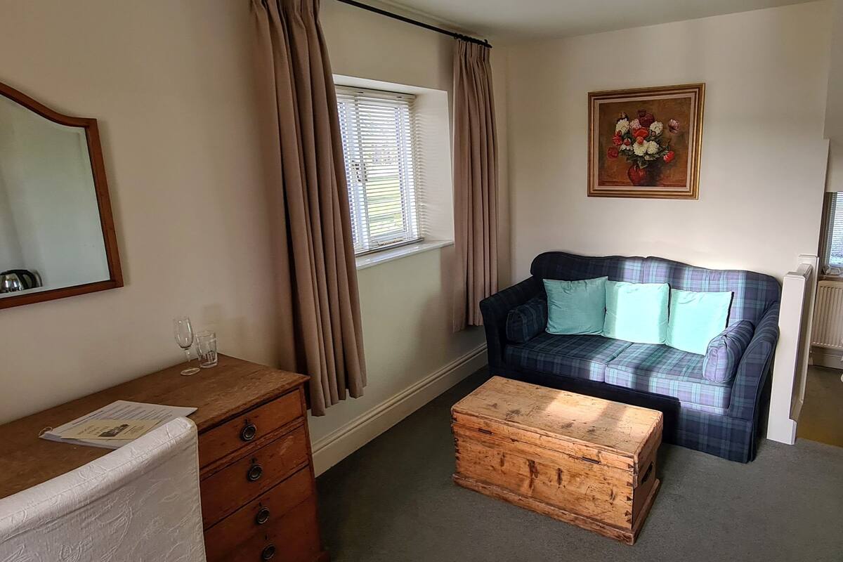A cozy room with a plaid sofa, a wooden chest, a dresser, and a painting on the wall.