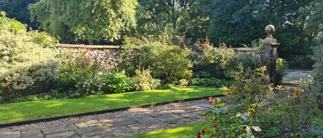 A garden pathway with stone paving, lush greenery, and a stone wall.