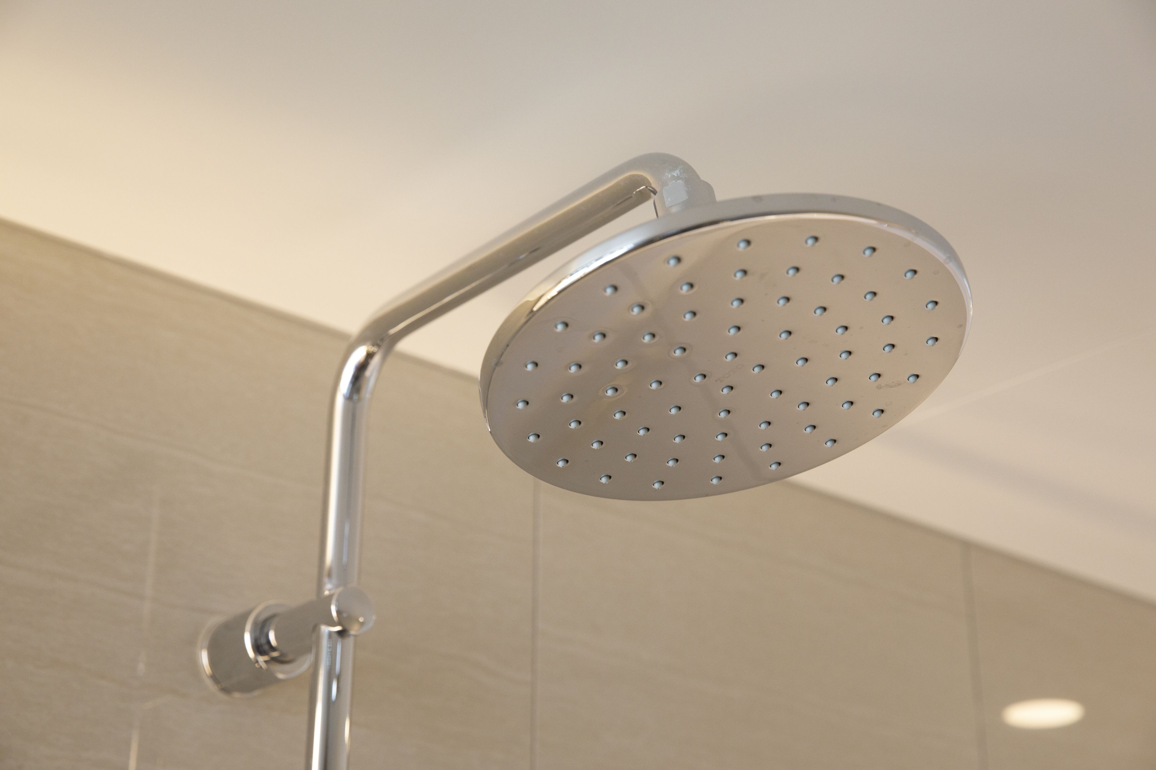 A showerhead with a round, perforated design.