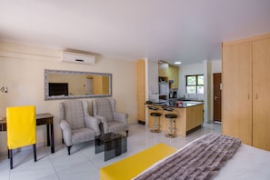 Estúdio básico, 1 cama King, vista para a cidade | Cofres nos quartos, individualmente mobiliados, escrivaninha