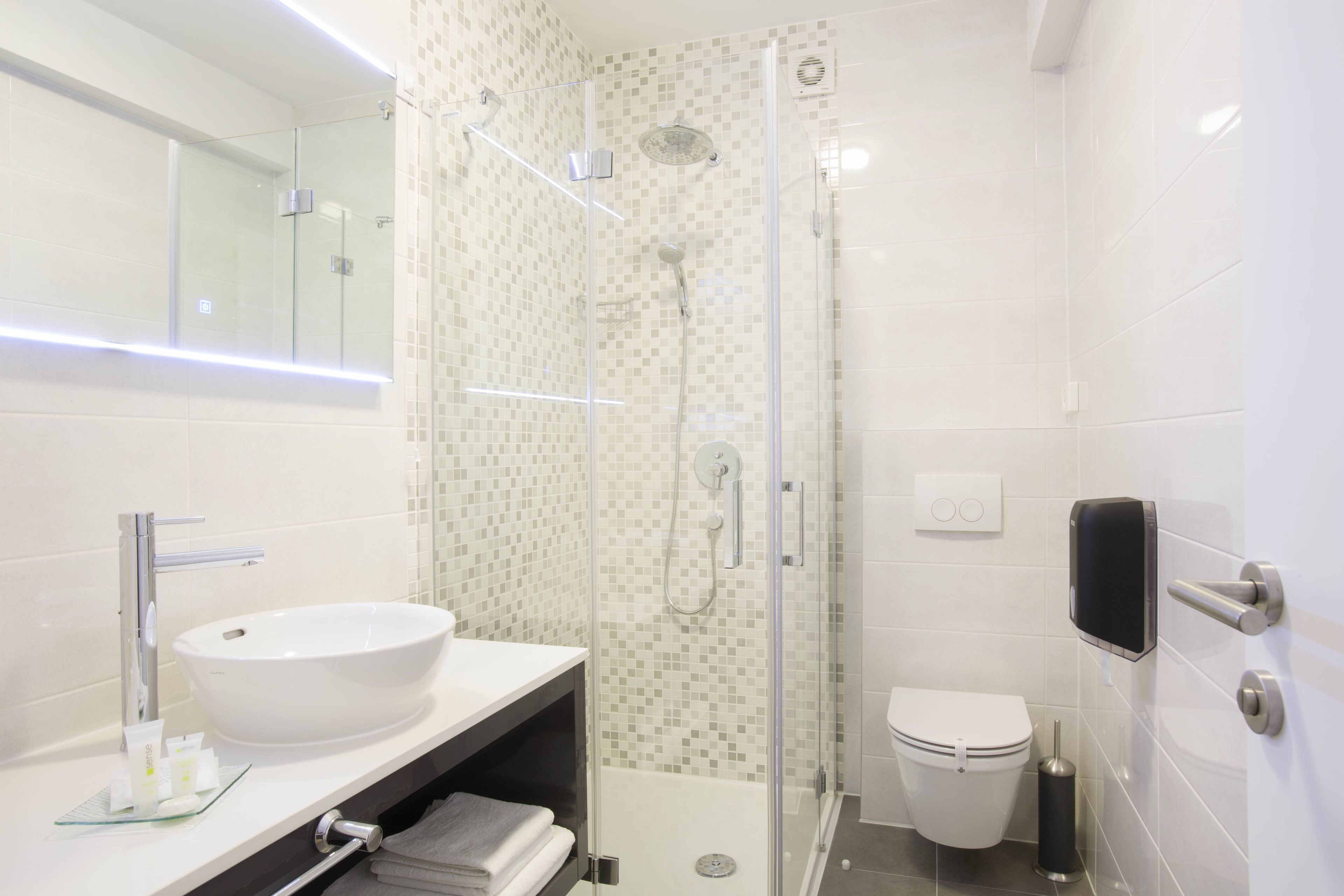 A modern bathroom with a glass-enclosed shower, a white sink, and a toilet.