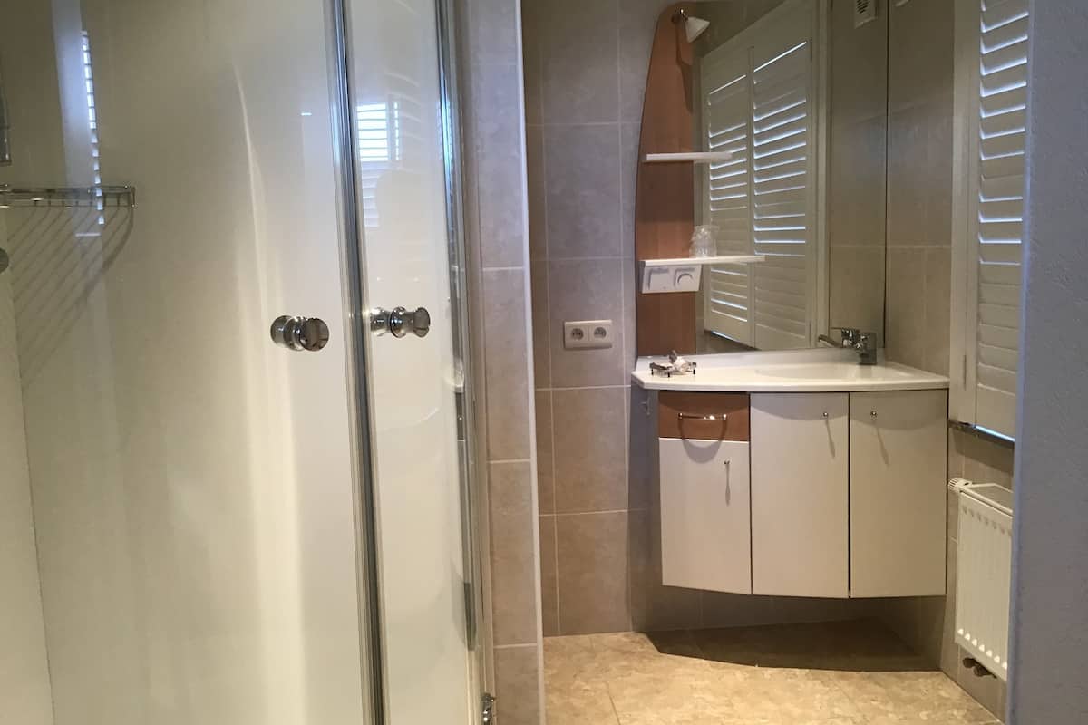 A bathroom with a glass shower enclosure, a white sink, and a mirror above it.