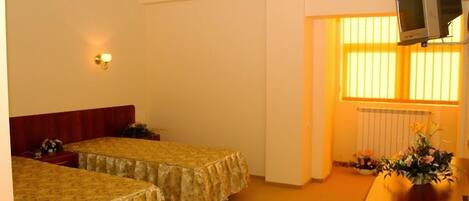 A room with two single beds, a wooden desk, a television on a stand, and a radiator.