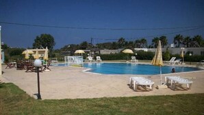 Una piscina amb gandules i ombrelles, envoltada d'una zona verda i palmeres.