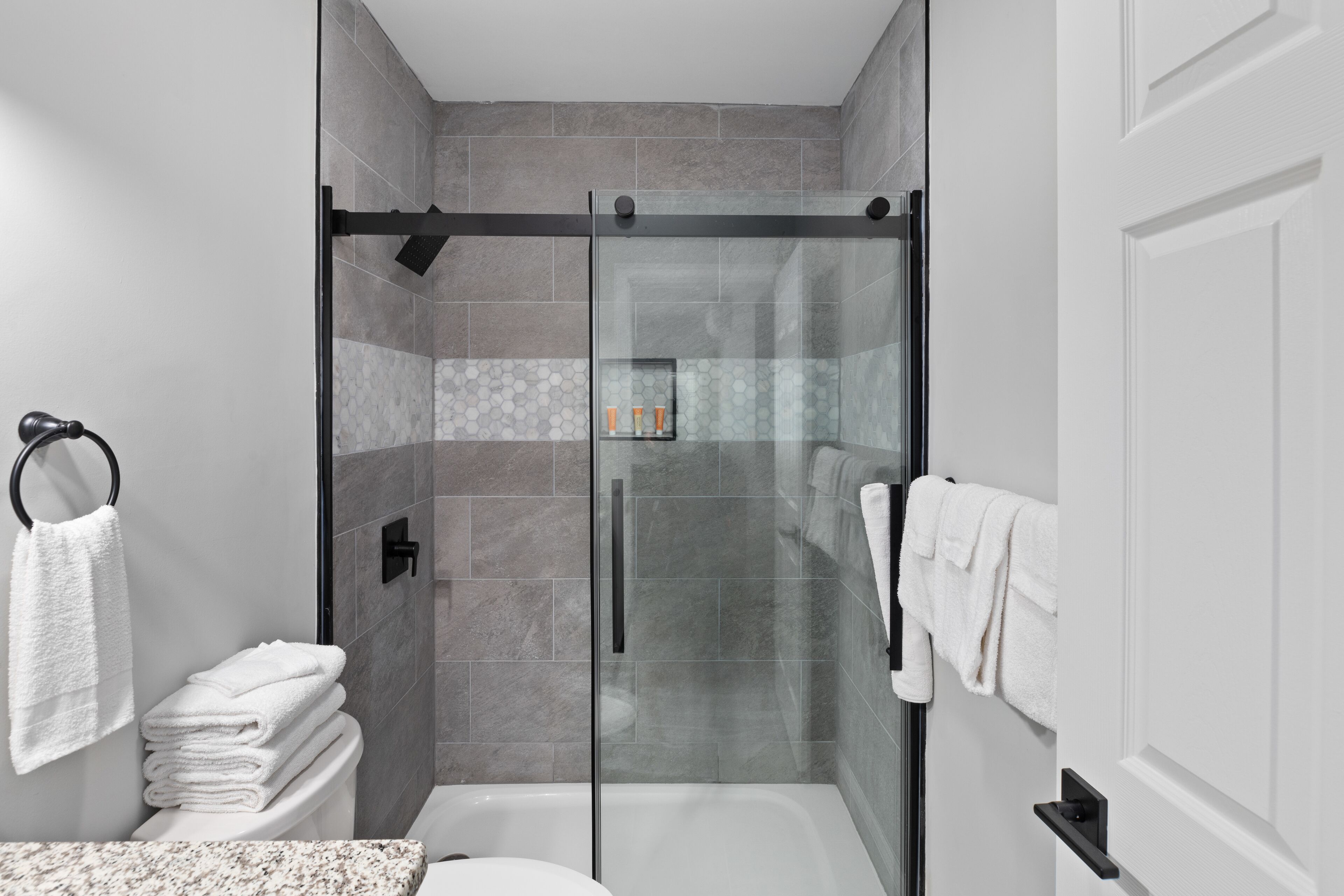 Shower, free toiletries, hair dryer, towels