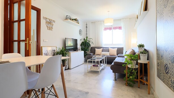 Un saló modern amb zona de menjador, sofà, televisió i una planta en test.
