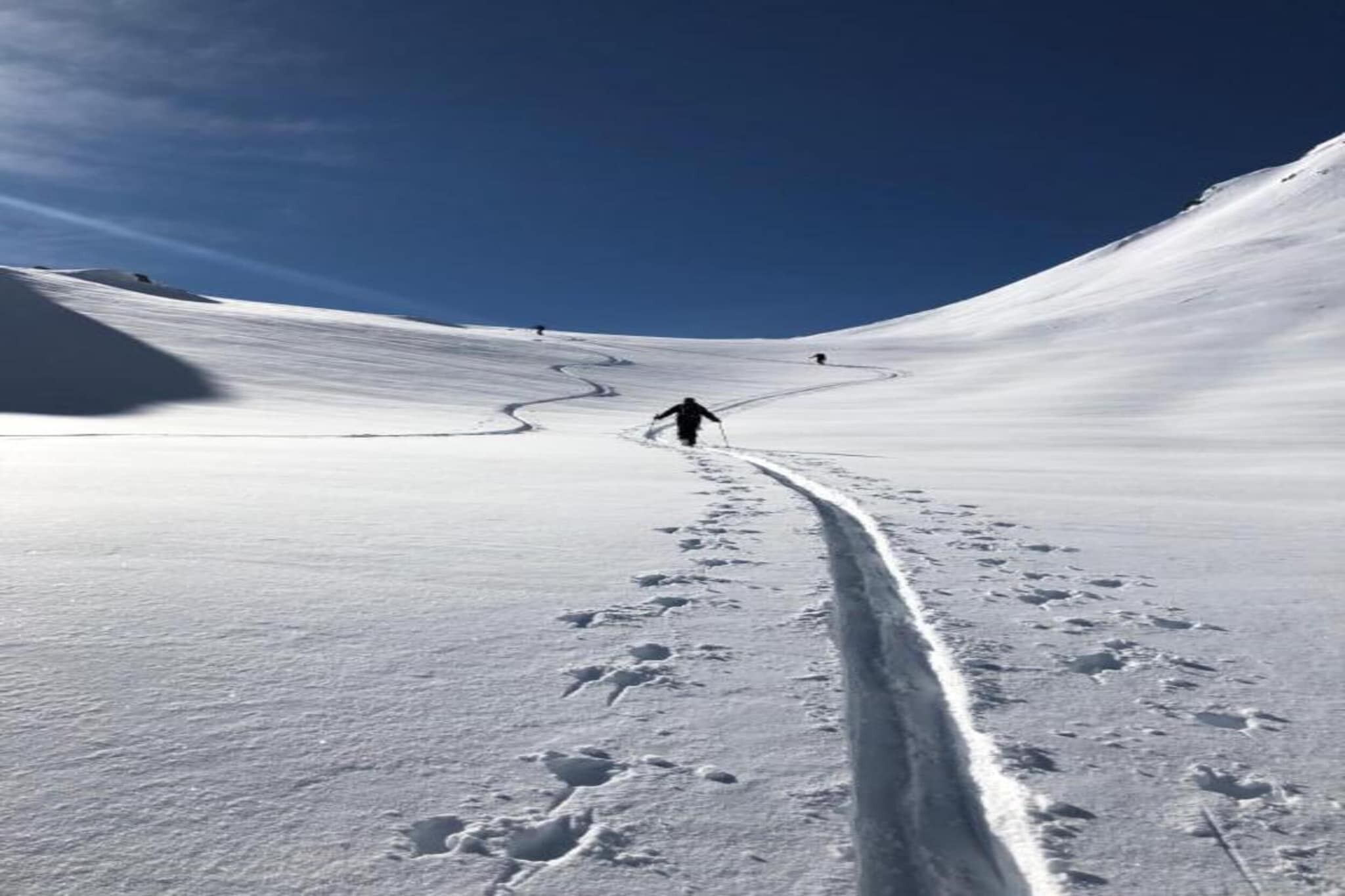 A snowy landscape with a person walking away from the camera, creating a trail in the snow.