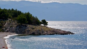 A coastal landscape with a rocky shoreline, a small beach, and a tree. - Stylishly renovated stone house with comfort, sea views, pool and large garden (Grizane)