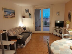 TV, DVD player, books, music library