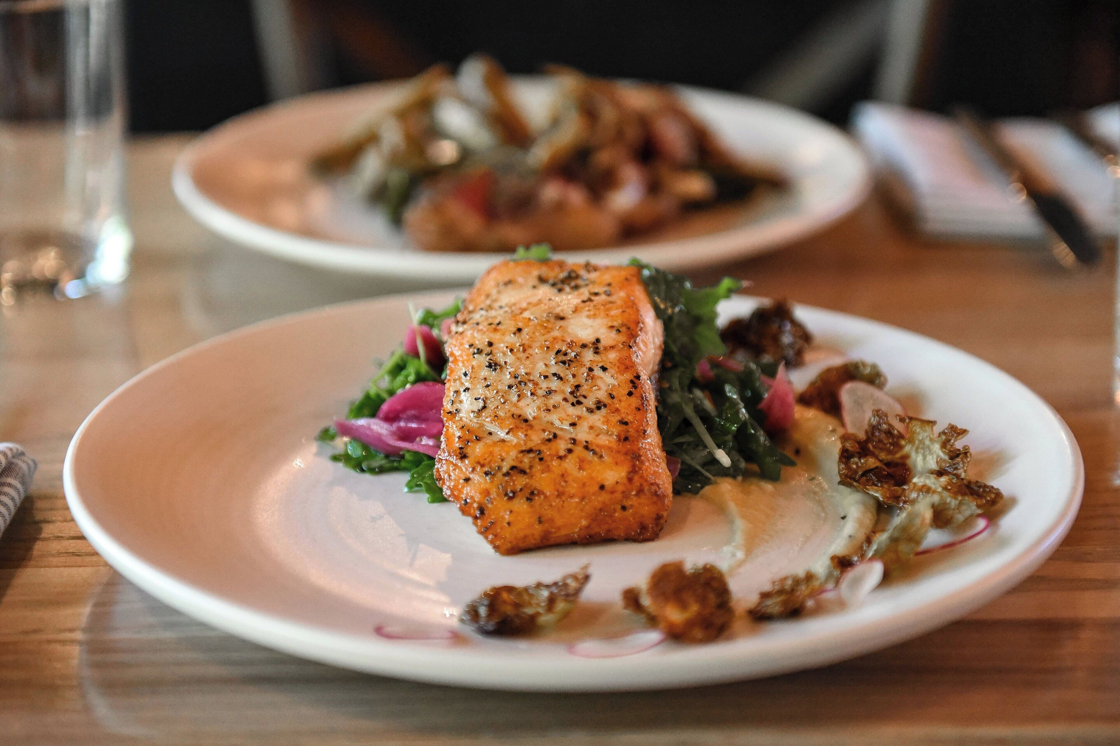 A plate with salmon and vegetables.