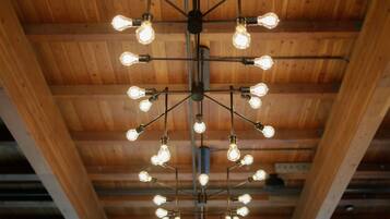A ceiling with multiple light fixtures.