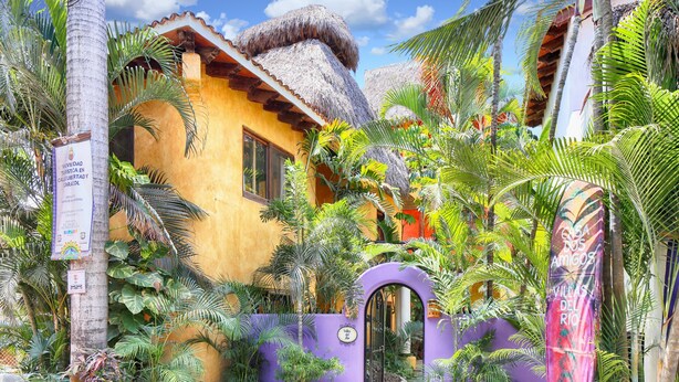 A tropical villa with a thatched roof, surrounded by lush greenery and a purple gate. - Villas del Rio: 1BR/1BA with dipping pool 1 block from the beach. (Sayulita)