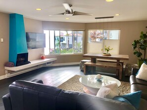 Smart TV, fireplace, books