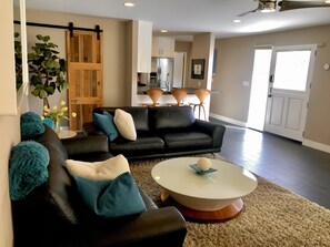 Smart TV, fireplace, books