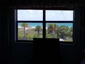Una habitación con un amplio ventanal con vistas a una playa y palmeras.