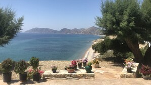 Vistes a la costa amb un camí de pedra que porta a una platja, envoltat de plantes en testos i arbres.