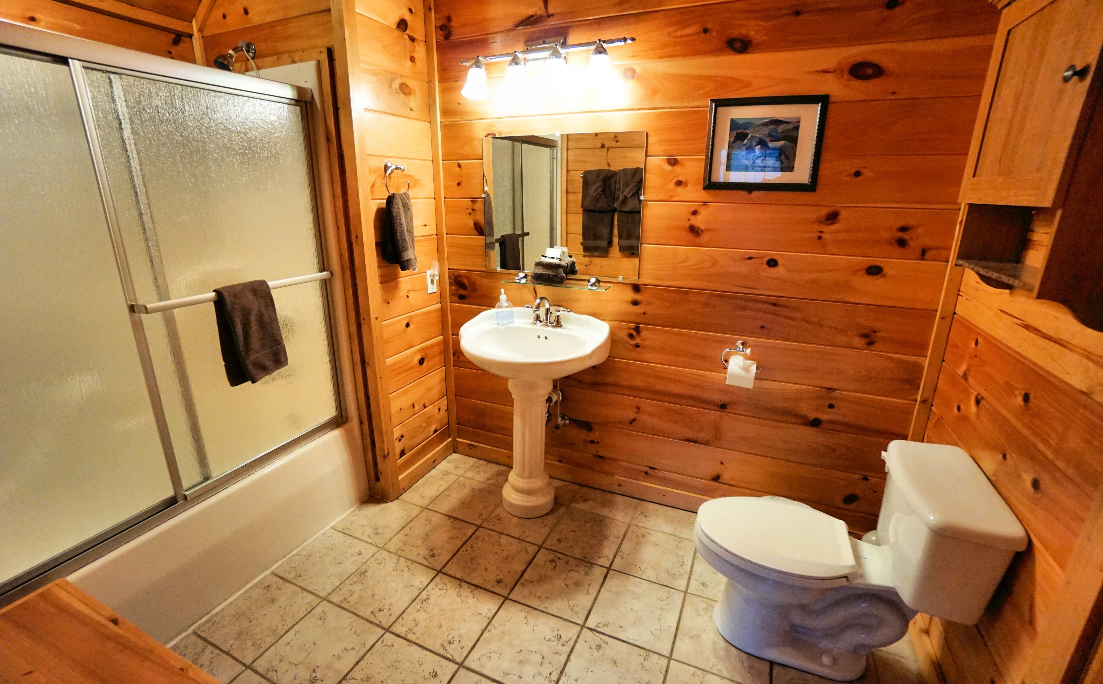 Une salle de bain rustique, avec des murs en bois, une cabine de douche en verre, un lavabo sur pied et des toilettes.