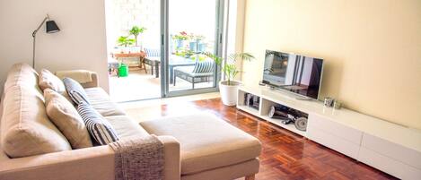 Smart TV, DVD player, books, music library