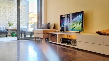 Smart TV, DVD player, books, music library