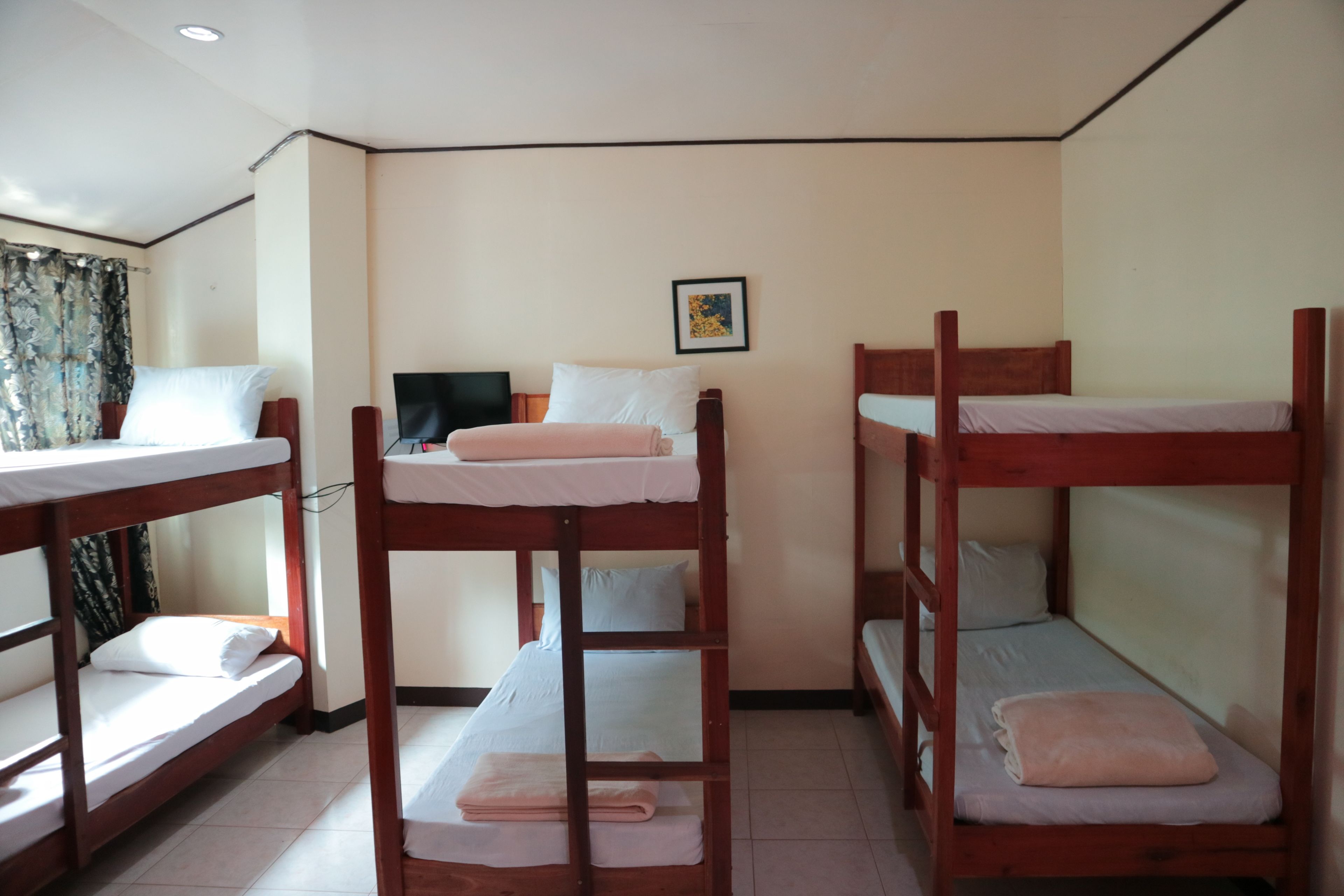 A dormitory room with bunk beds, a desk, a chair, and a framed picture on the wall.