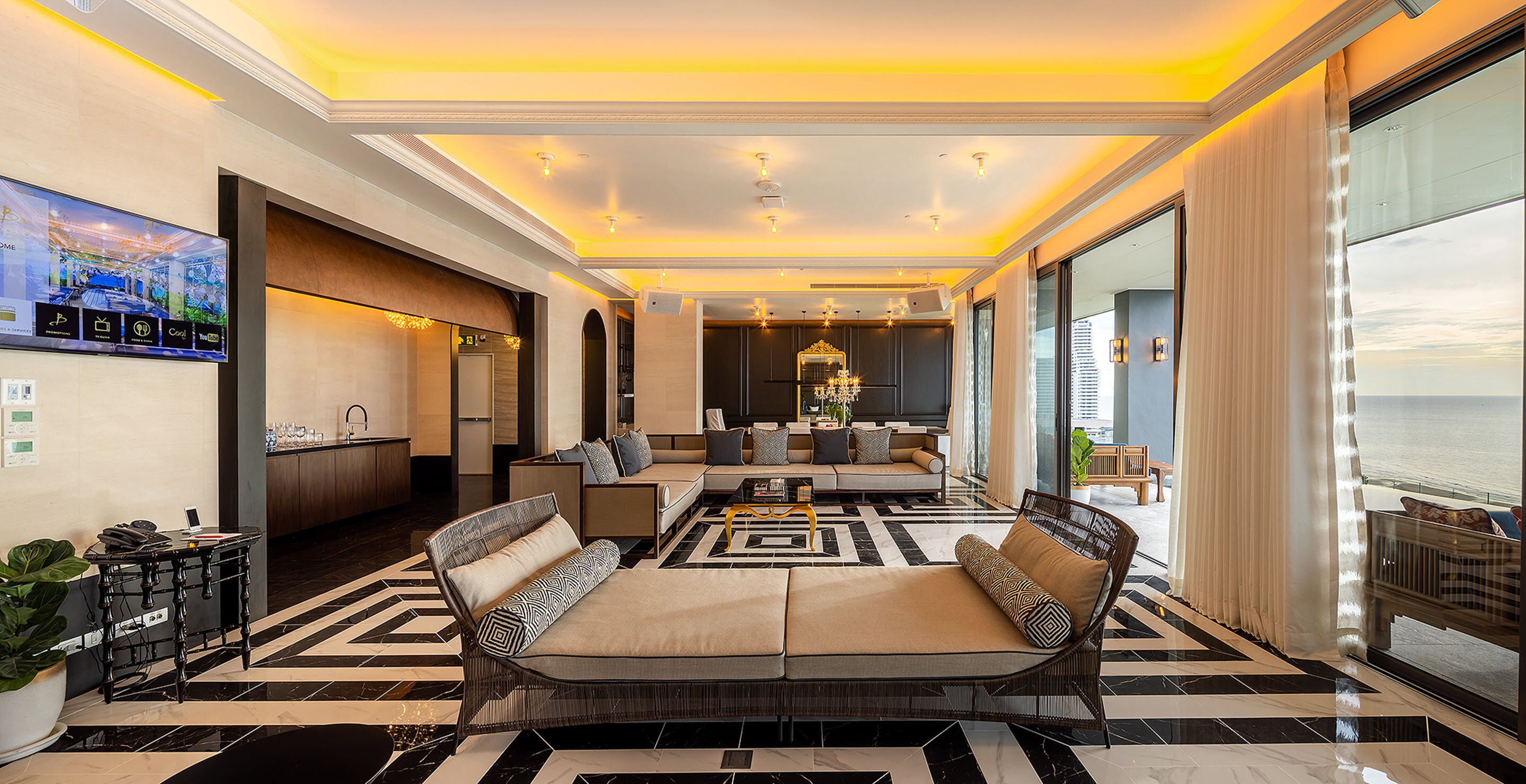 baba mama penthouse seaview | living area | 30-inch flat-screen tv with cable channels, tv, ipod dock