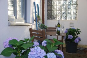 Comedor con una mesa, sillas, una planta en maceta y una ventana con vistas.