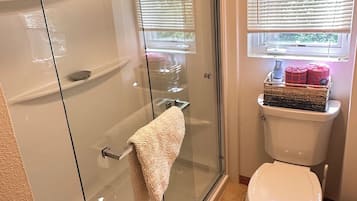 Combined shower/tub, hair dryer, towels, soap