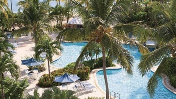 A resort with a swimming pool surrounded by palm trees and lounge chairs. -   Spacious 3 Bed 3 Full Baths With Spectacular Views of St John- Ocean Front!
 (Saint Thomas)