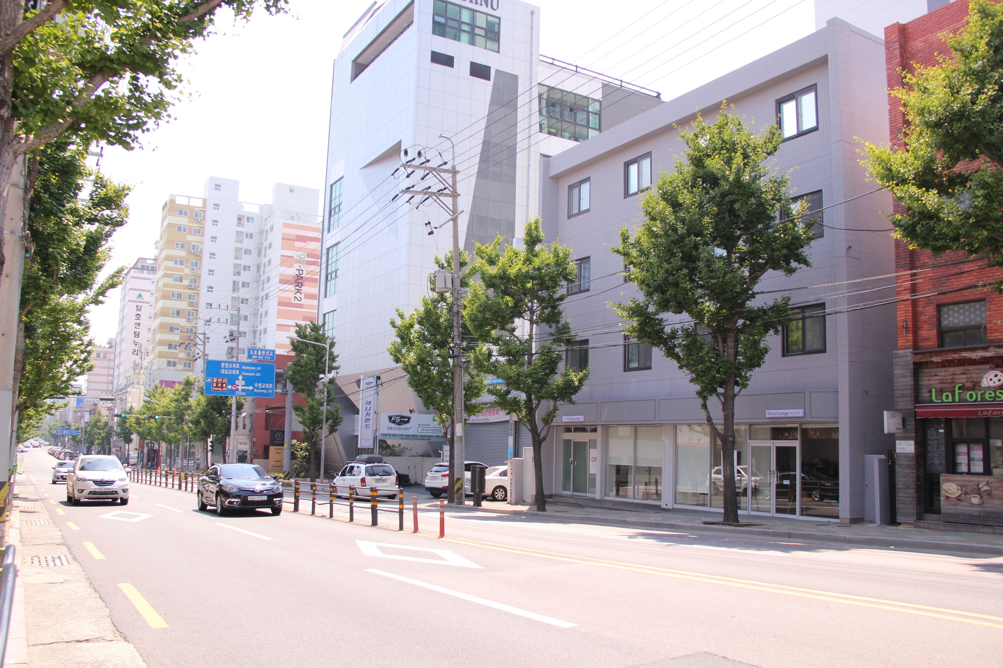 Vista de la calle con edificios modernos, árboles a lo largo de la acera y vehículos en la vía.