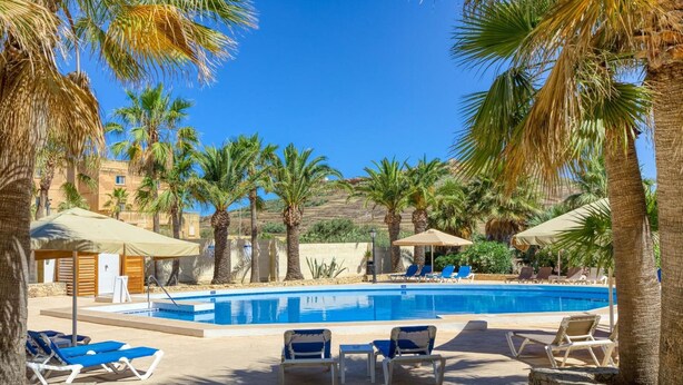 Un espace piscine aménagé avec des chaises longues, des parasols et des palmiers.