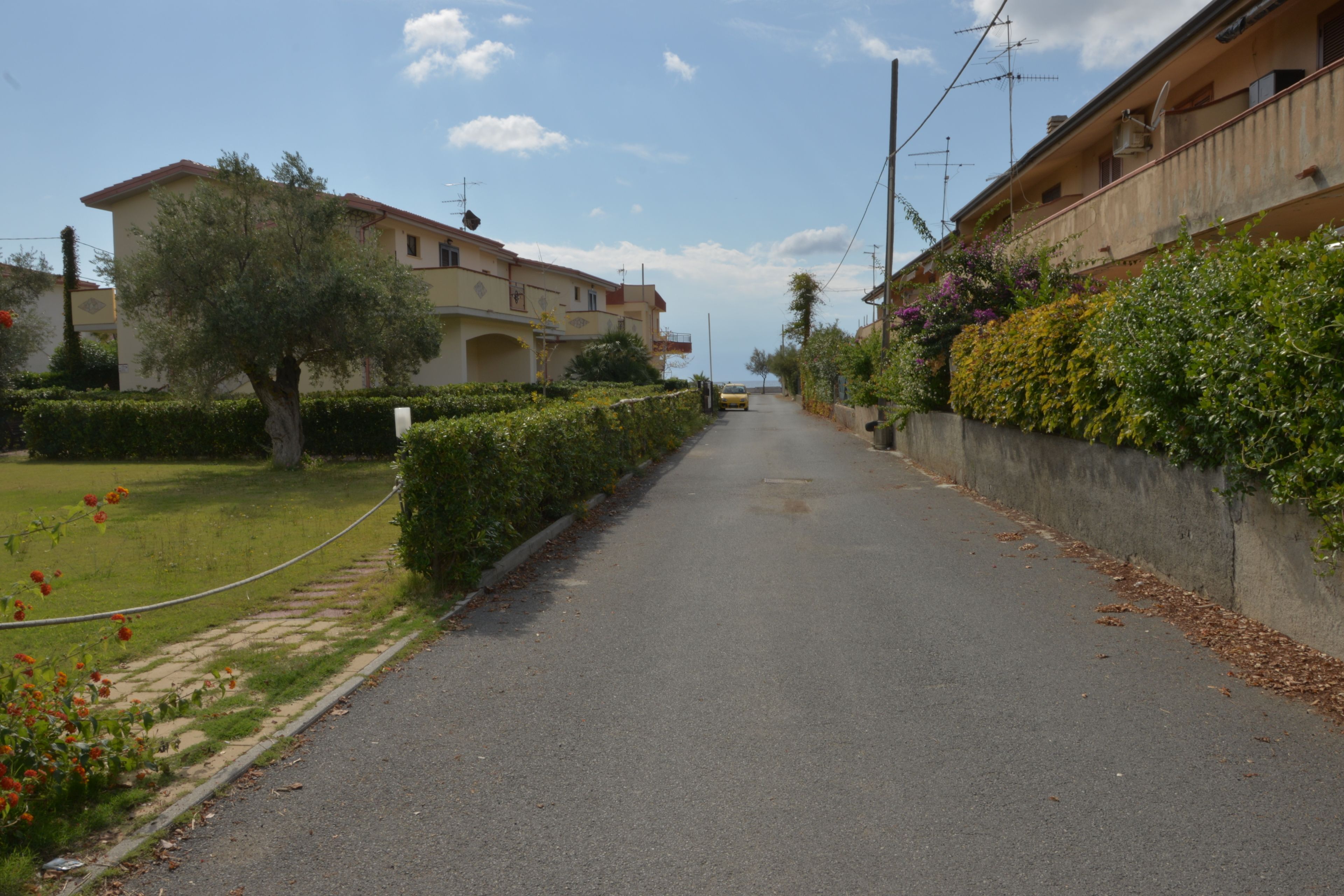 Eine Wohnstraße mit Häusern an beiden Seiten, einem klaren Himmel und einer Straße, die zum Horizont führt.