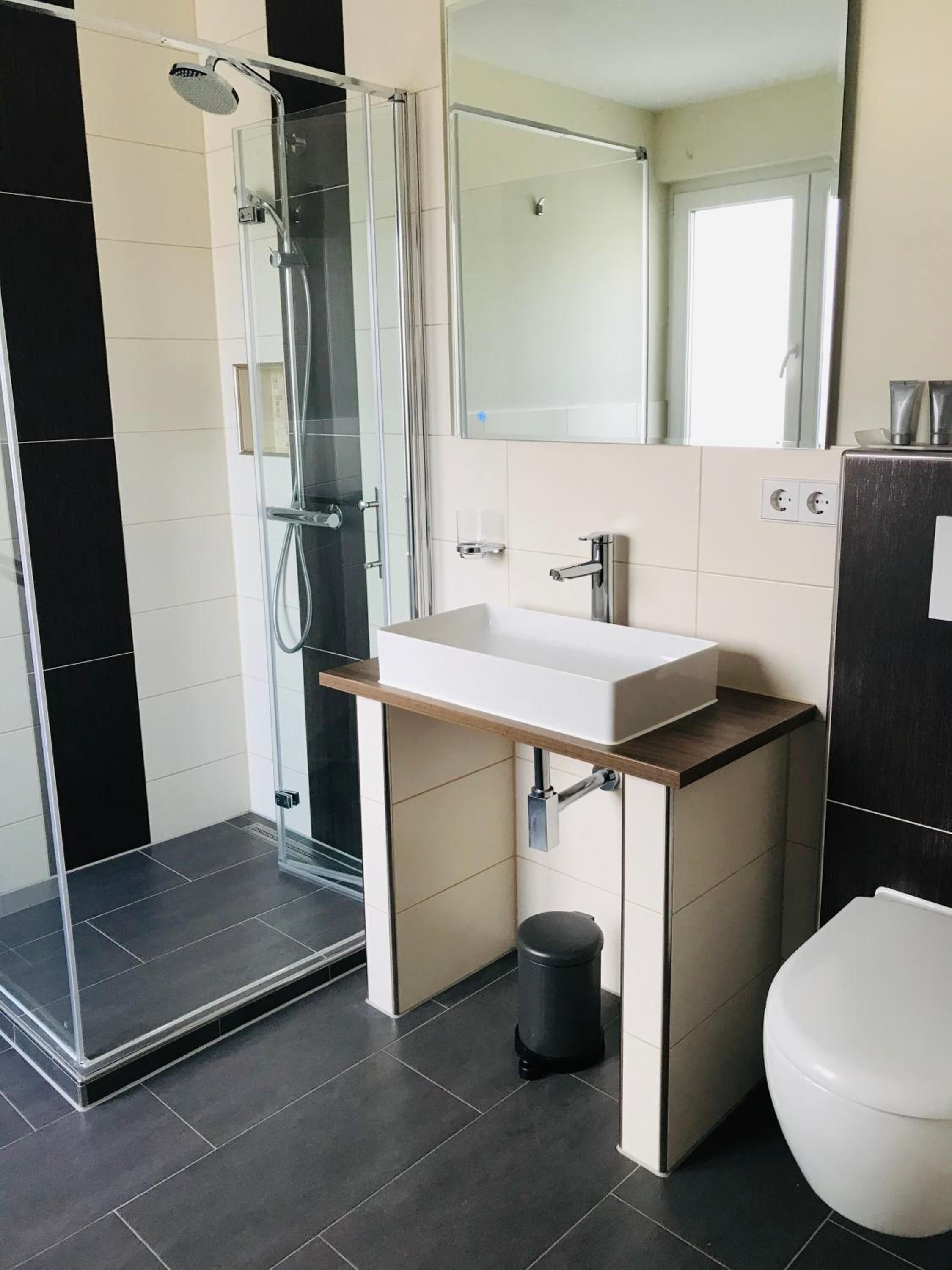 A modern bathroom with a glass-enclosed shower, a white sink, and a toilet.
