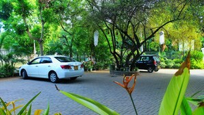 A paved driveway with parked cars and lush greenery. - Hotel senora kataragama (Kataragama)