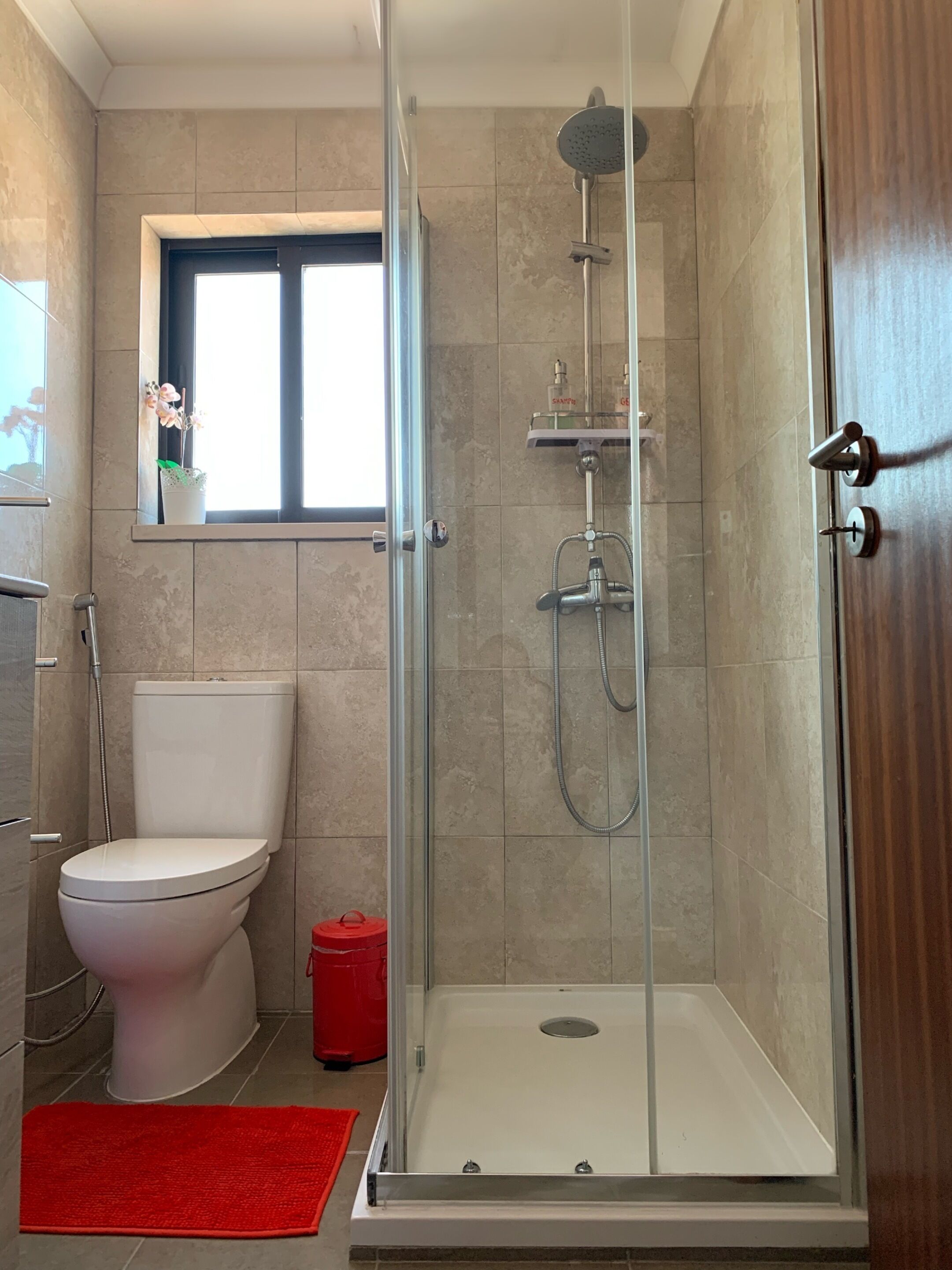 A bathroom with a glass-enclosed shower, a toilet, and a window with a plant.