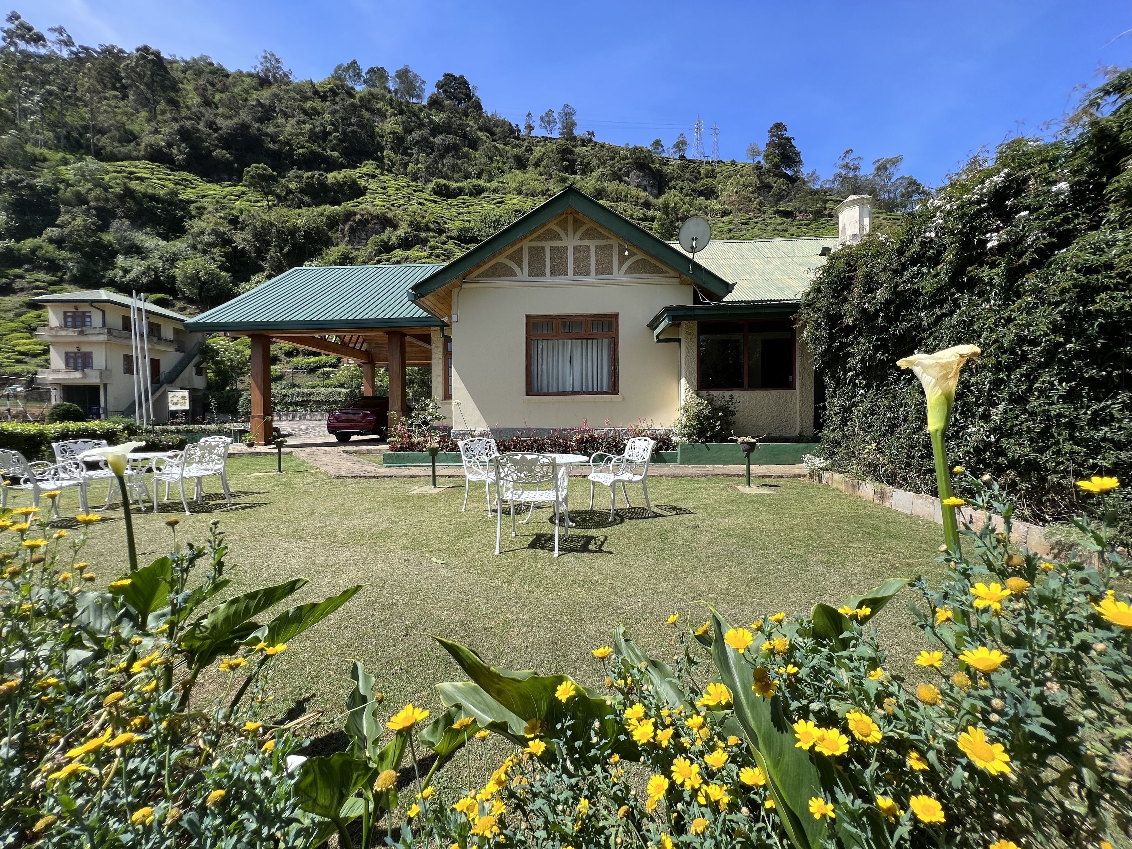 A house with a green roof, white walls, and a garden with yellow flowers.