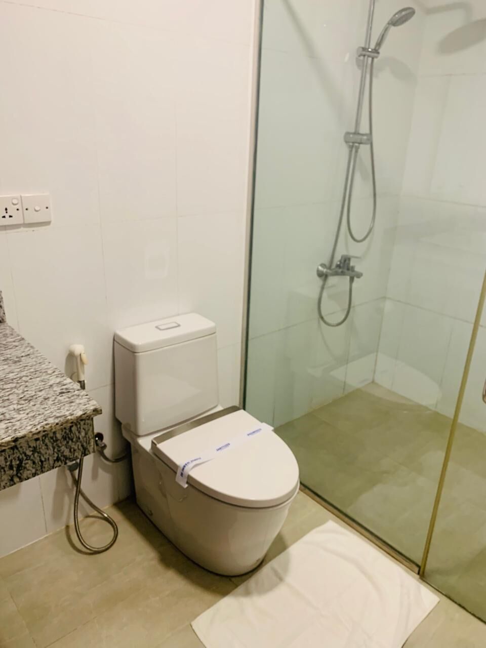 Ein Badezimmer mit Toilette, Dusche und einer Arbeitsplatte aus Granit.