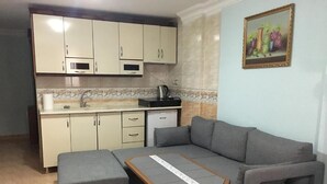 Un espace de vie compact comprenant un coin cuisine, un canapé gris et une petite table avec un plateau.