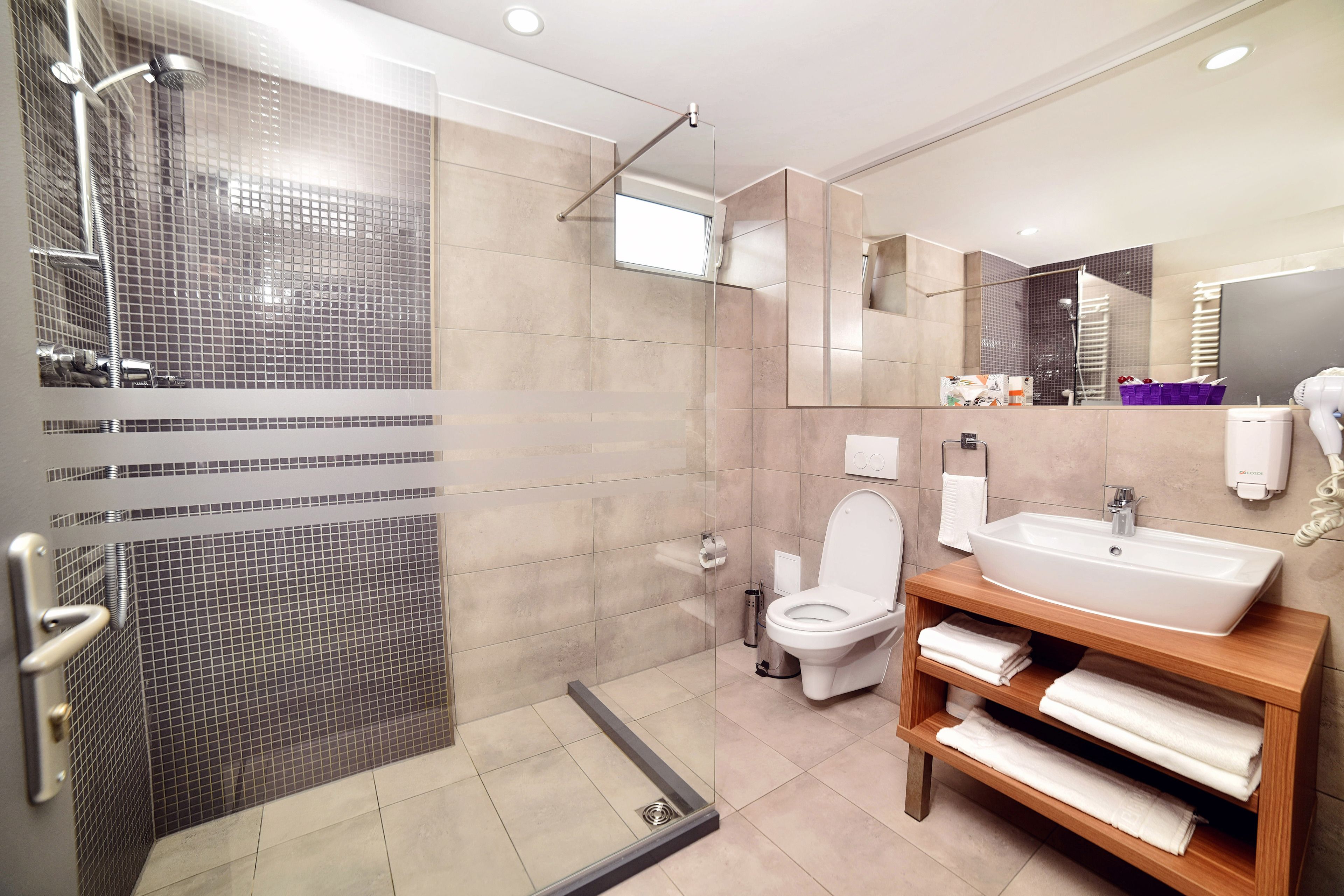 free toiletries, hair dryer, towels