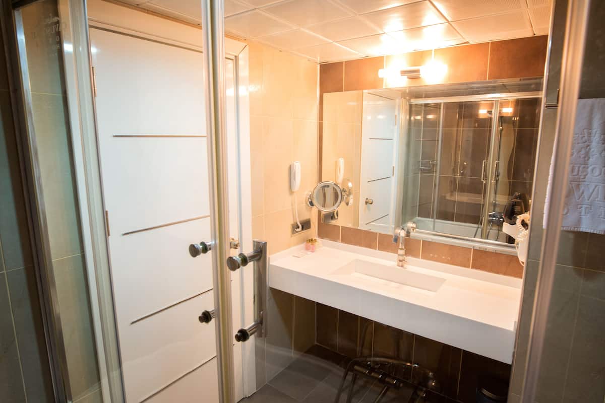 suite | bathroom | shower, rainfall showerhead, designer toiletries, hair dryer