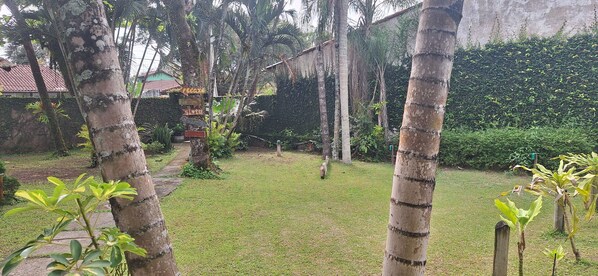 A garden with a pathway leading to a house. There are palm trees and a signpost with directions.