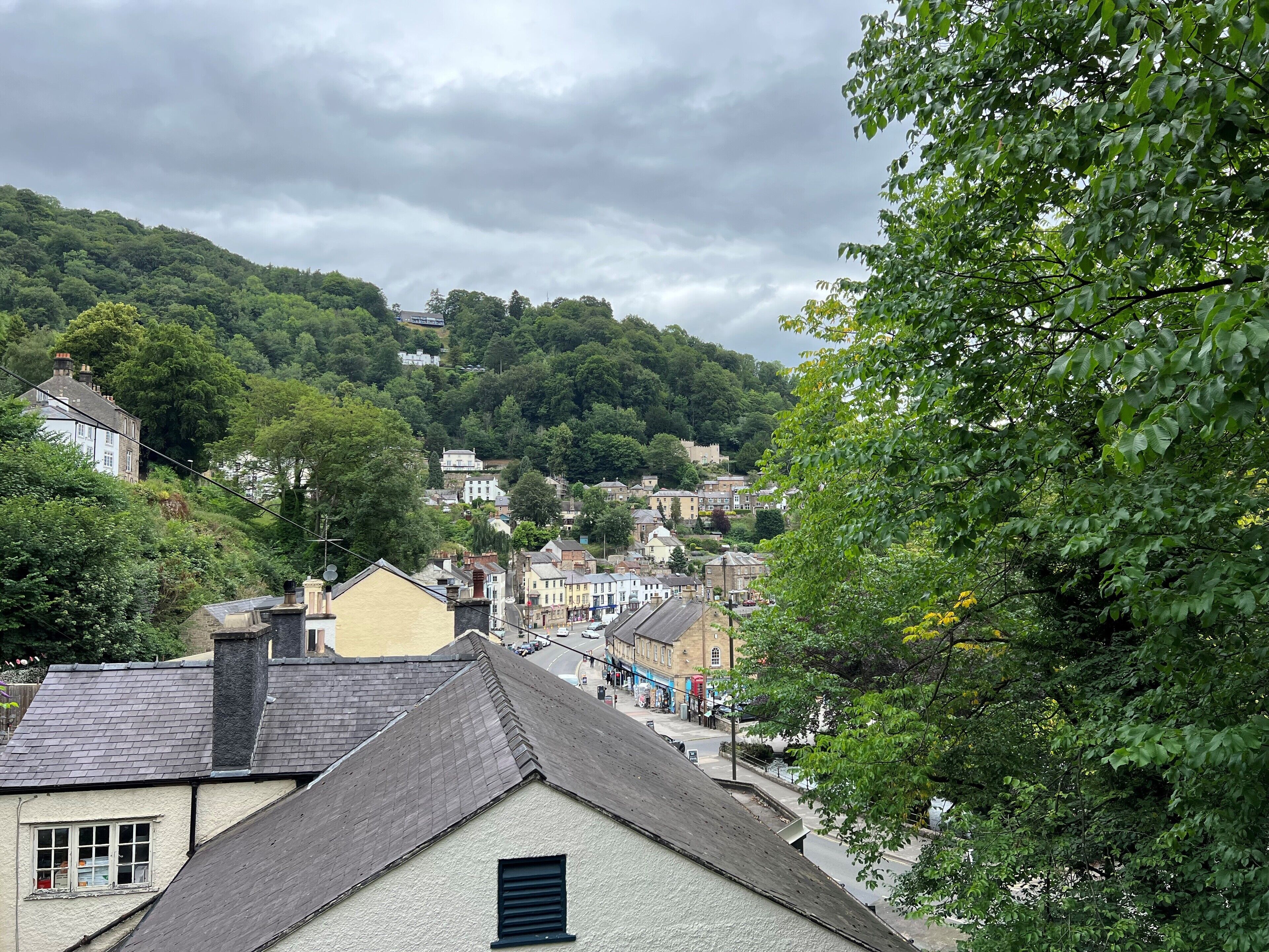 A town with buildings on a hillside, a street with cars, and trees.